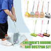 A children's broom and dustpan set with adjustable mop featuring yellow, pink, and green cleaning tools.