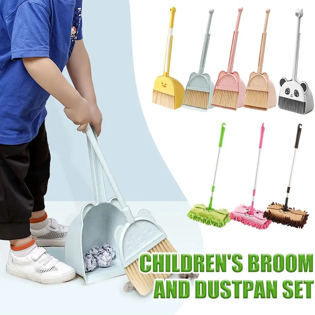 A children's broom and dustpan set with adjustable mop featuring yellow, pink, and green cleaning tools.