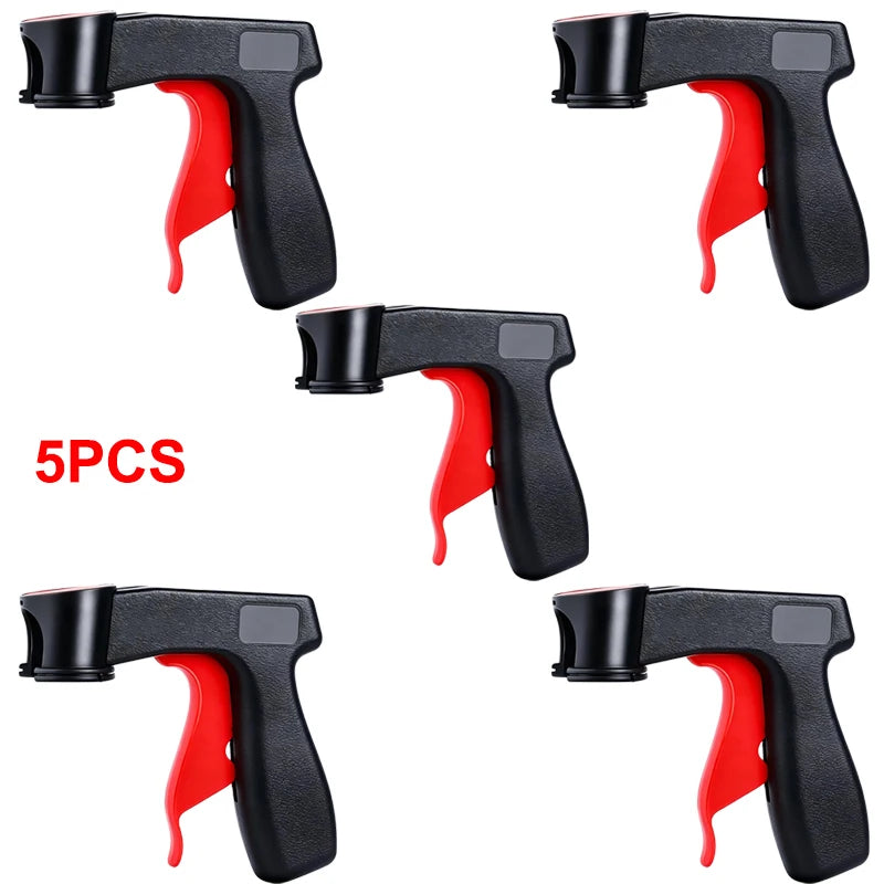 Five black and red ergonomic aerosol spray can handles with trigger grips shown in various angles