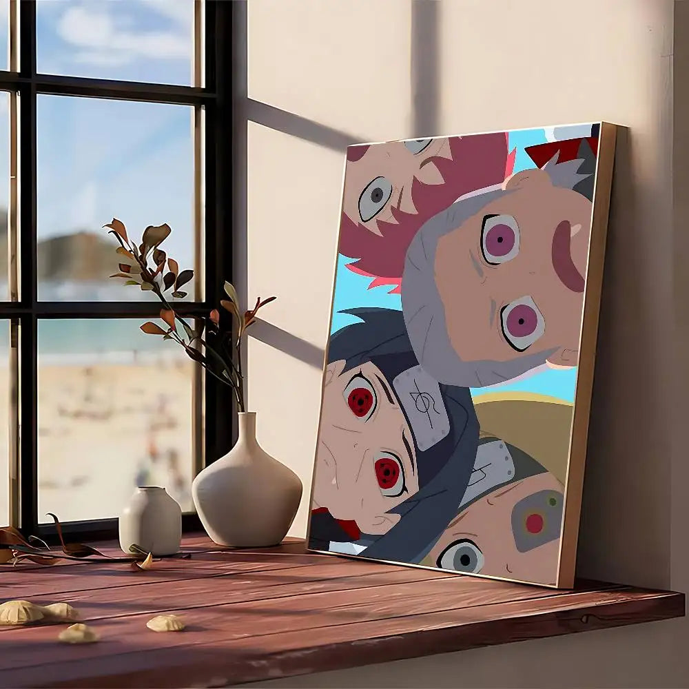 A canvas art print featuring stylized anime characters in vintage style, displayed on a wooden shelf.