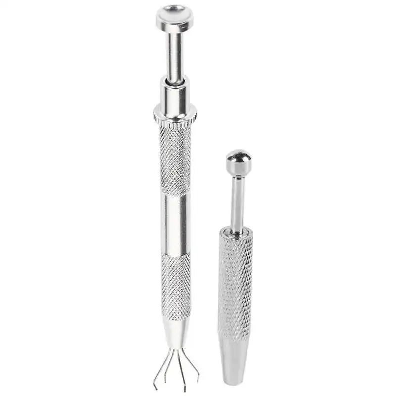 A silver precision 4-claw pick-up tool used for jewelry making and crafting.