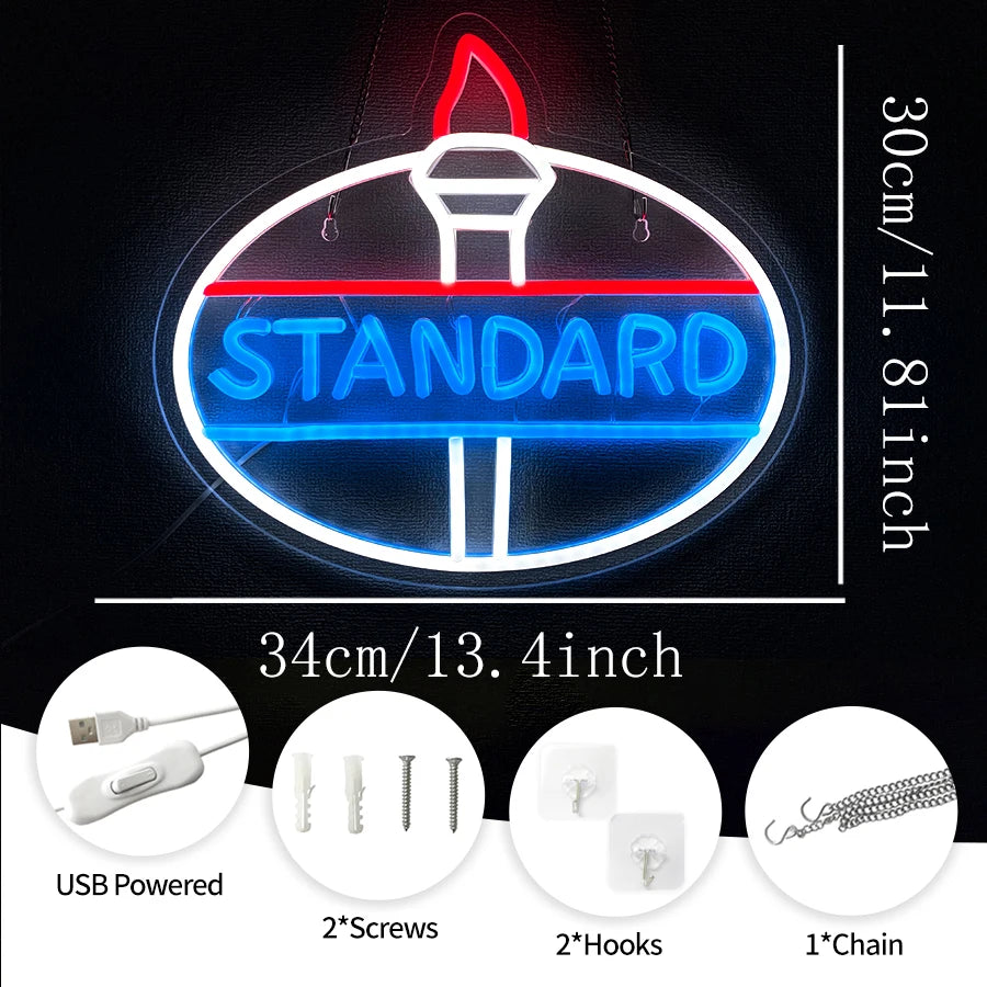 A round neon sign featuring the word STANDARD on a truck theme with USB power and includes screws, hooks, and a chain.