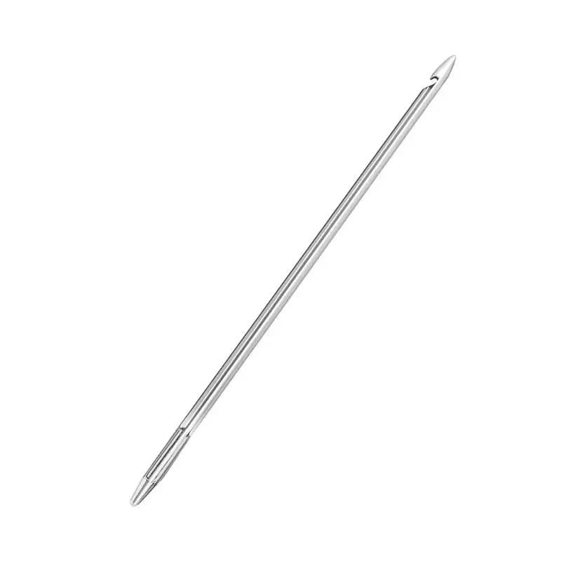 A silver leather sewing awl set with replaceable needles shown diagonally.