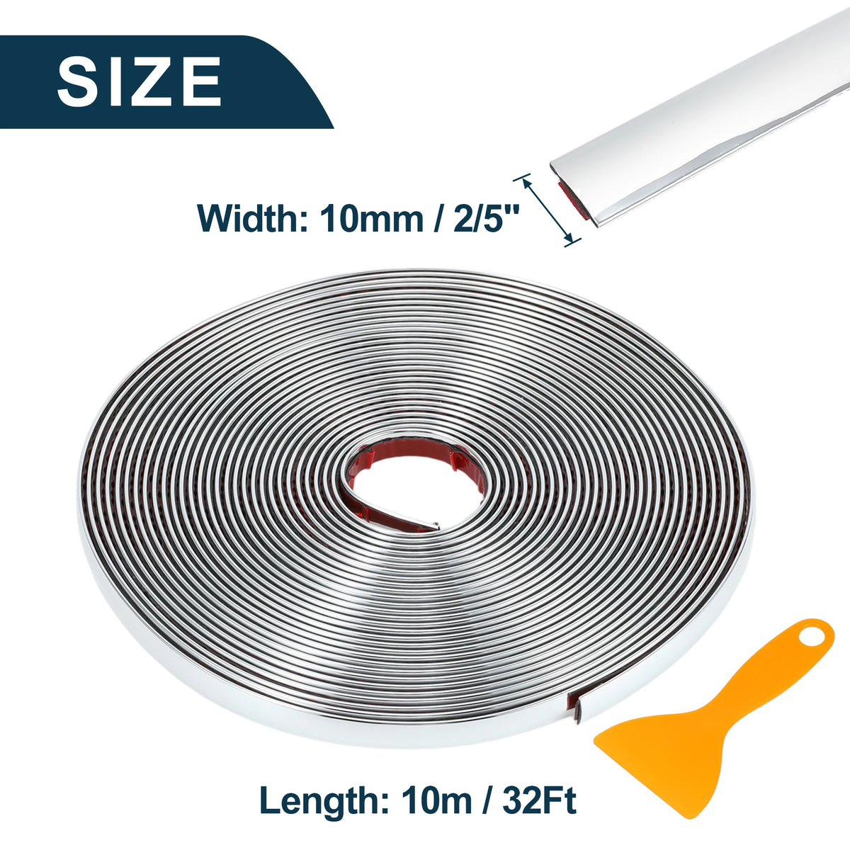 A roll of chrome car door edge guard trim strip showing its width and length dimensions.