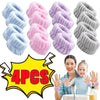 A set of four light blue and pink absorbent microfiber wrist washing bands shown next to a smiling woman and child.