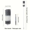 A long telescopic rod with a fluffy gray and white microfiber duster head.