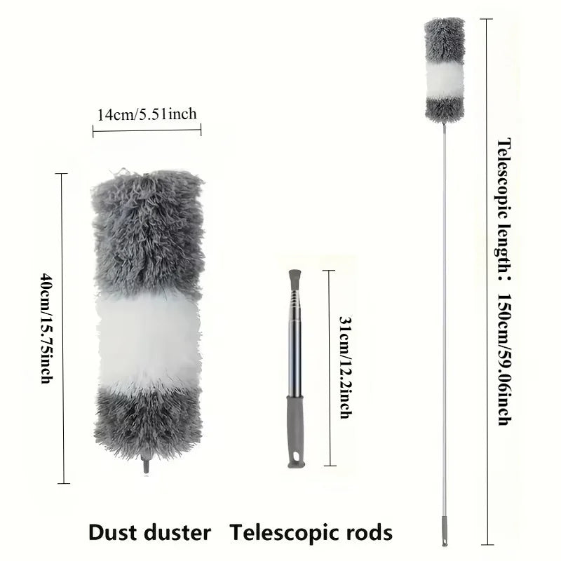 A long telescopic rod with a fluffy gray and white microfiber duster head.