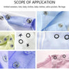 Various close-ups show a metal snap button kit with pliers used for DIY sewing projects on various fabrics and clothing.