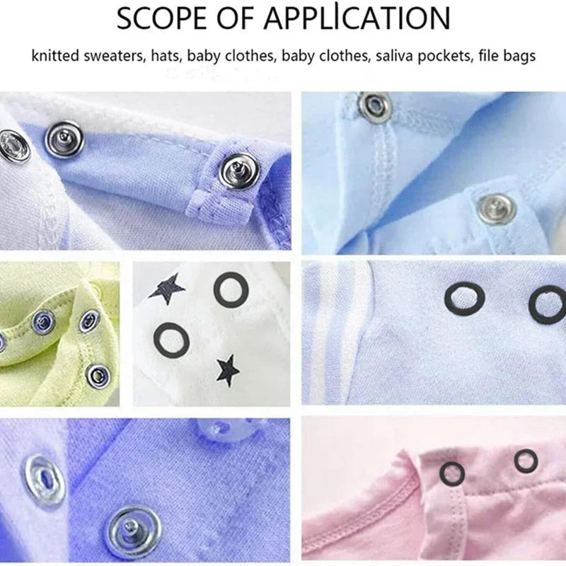Various close-ups show a metal snap button kit with pliers used for DIY sewing projects on various fabrics and clothing.