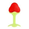 A bright red fruit teether and rattle set with a light green silicone grip for babies.