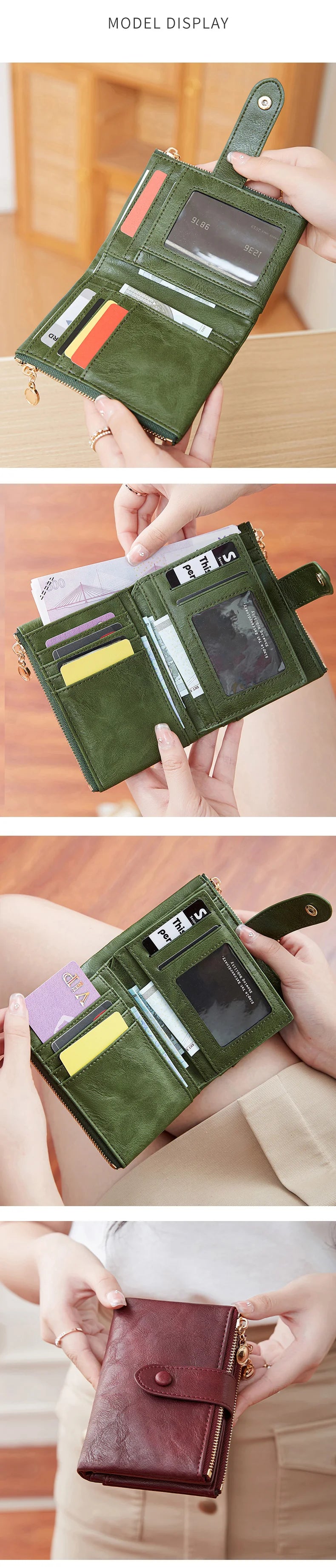 Women's Retro Tri-Fold Wallet with Large Capacity and Dual Zippers