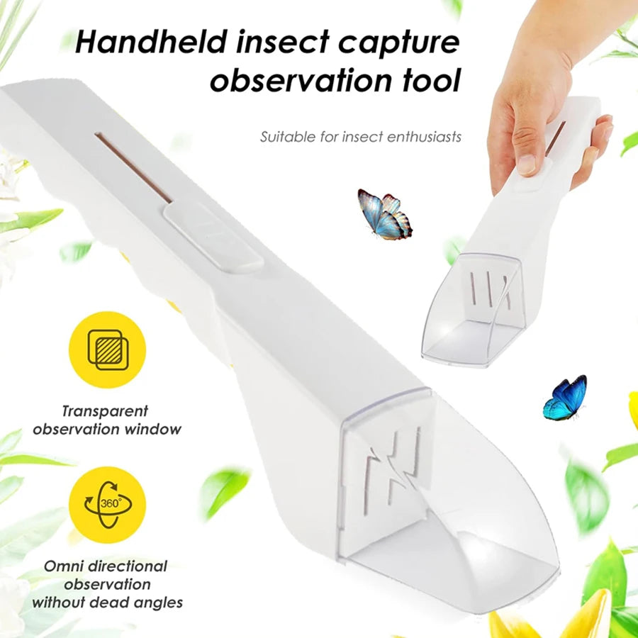 A white handheld insect capture observation tool with a transparent window for viewing insects.