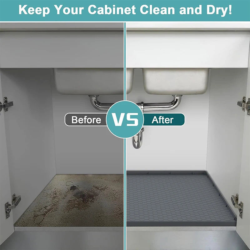 Before and after comparison showing a flexible silicone under-sink mat cleaning a cabinet interior.