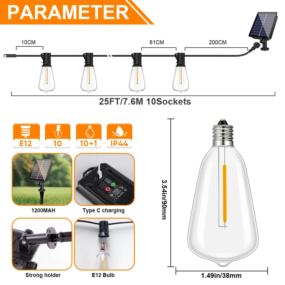 A set of 10 E12 bulbs on a string light with solar panels and remote control for outdoor lighting