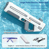 A white electric water gun is shown against a blue water background with accessories like goggles, a sealed battery, and a US