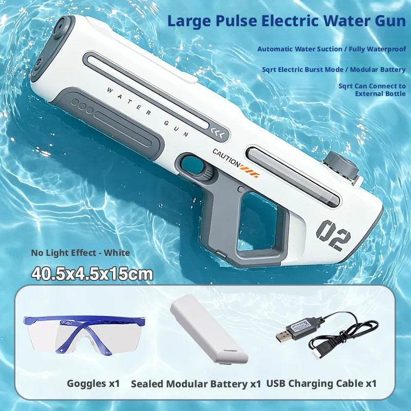 A white electric water gun is shown against a blue water background with accessories like goggles, a sealed battery, and a US