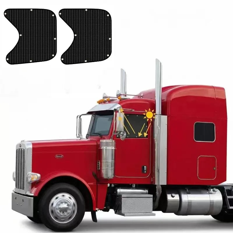 A red truck features a black sunshade with suction cups installed on the side window.