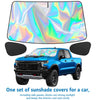A blue pickup truck is shown with a iridescent sunshade cover for the windshield and side windows.