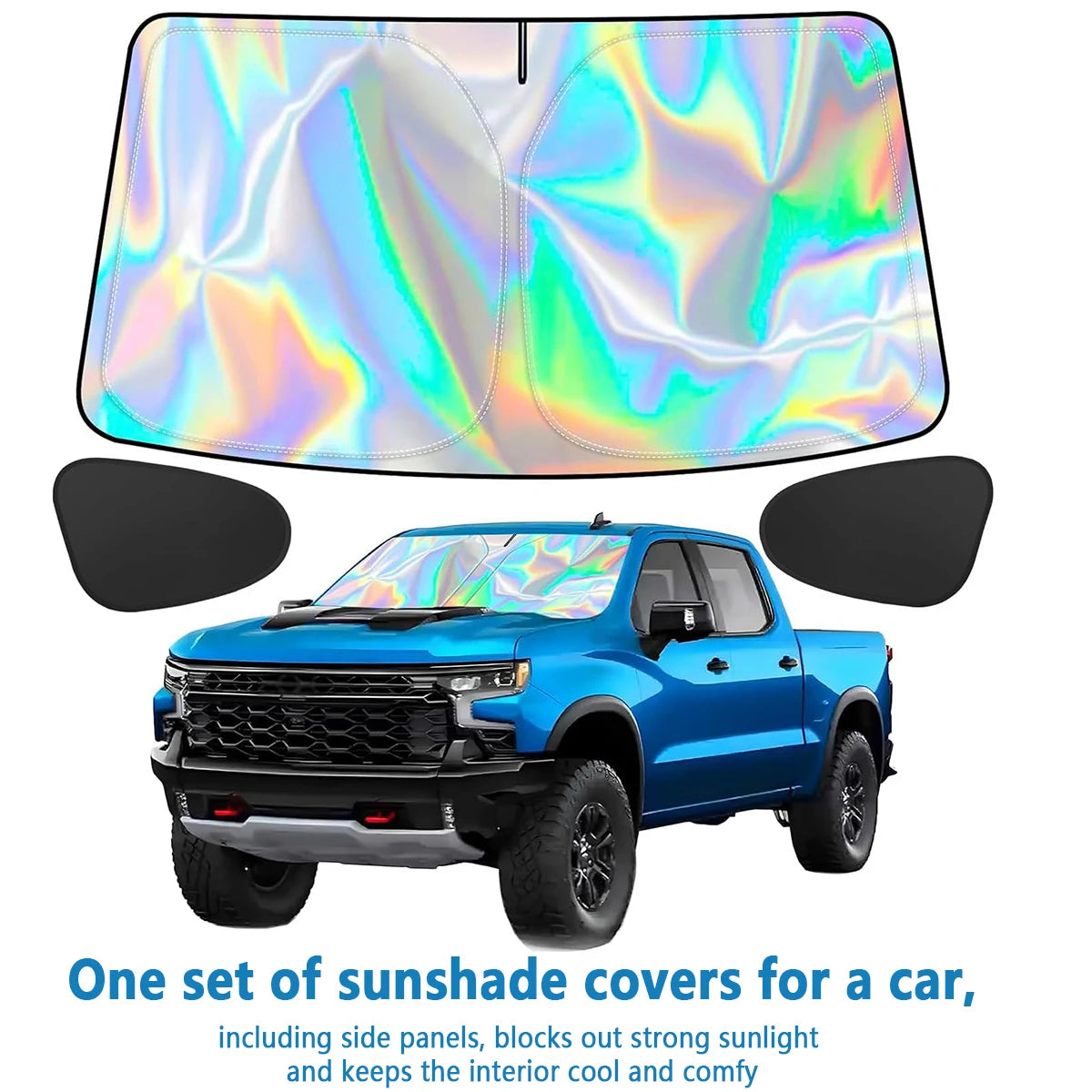 A blue pickup truck is shown with a iridescent sunshade cover for the windshield and side windows.