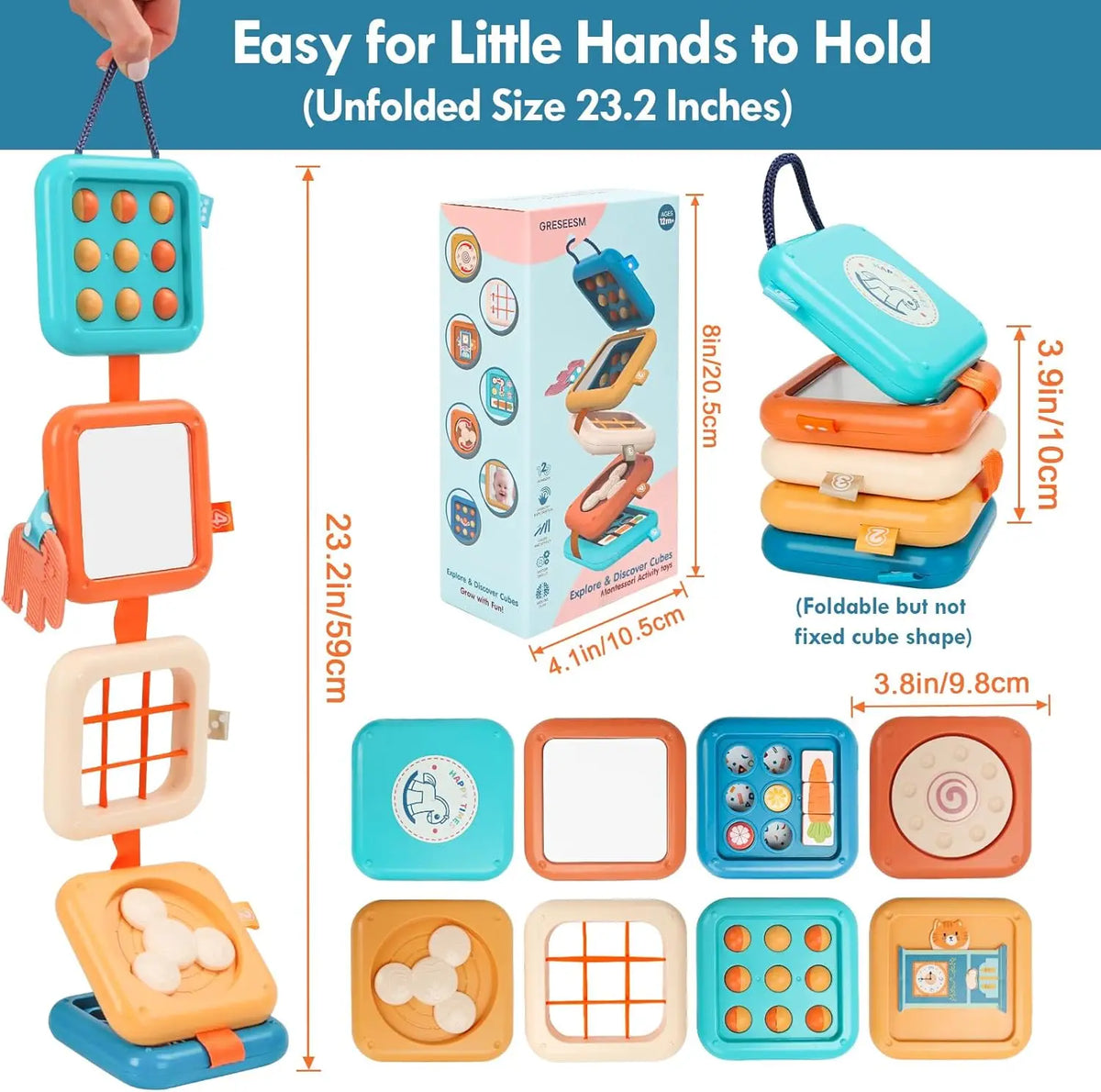 A set of colorful folding sensory activity cubes and a hanging board for toddlers to develop fine motor skills