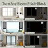 Various rooms shown with self-adhesive blackout blinds installed, demonstrating the no-drilling installation process.