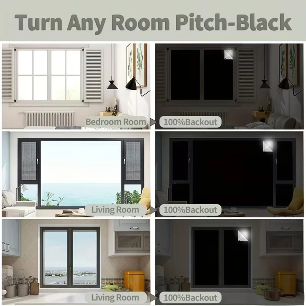 Various rooms shown with self-adhesive blackout blinds installed, demonstrating the no-drilling installation process.