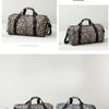 A leopard print travel tote bag with a shoe compartment shown in multiple views.