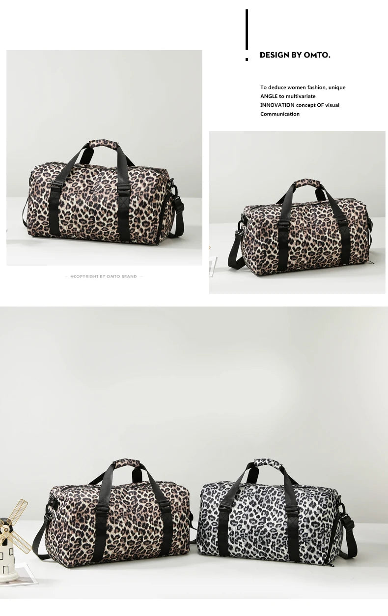 A leopard print travel tote bag with a shoe compartment shown in multiple views.