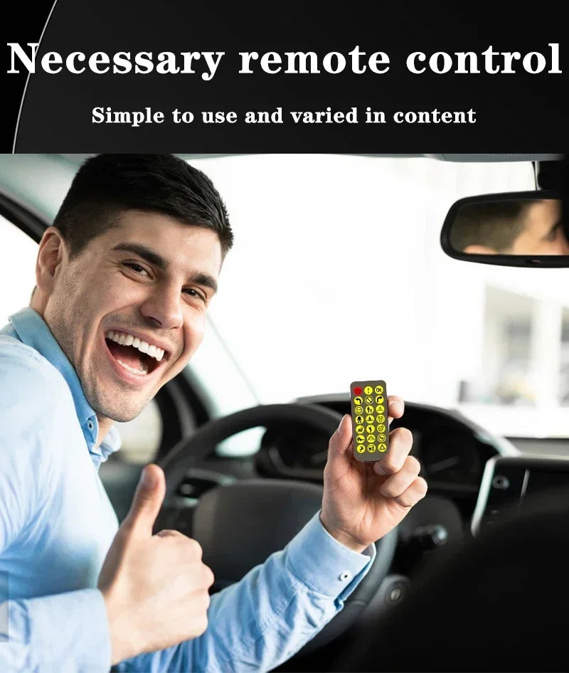 A man in a light blue shirt holds a yellow flexible USB LED matrix display remote control inside a car.