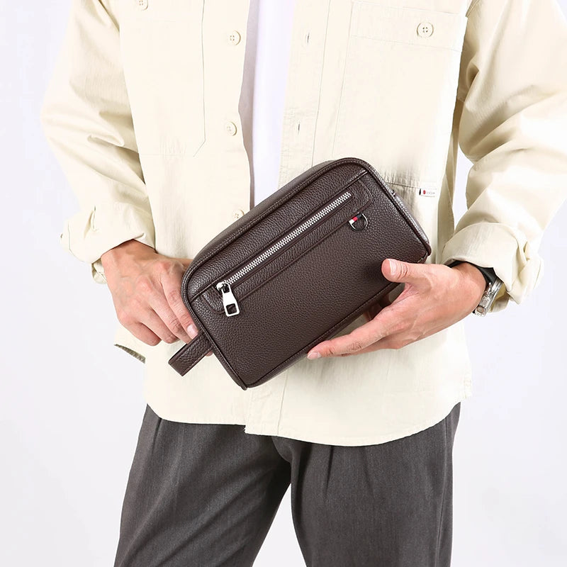 Men's Soft Leather Business Clutch Bag – Minimalist Travel Handbag with Zipper Closure