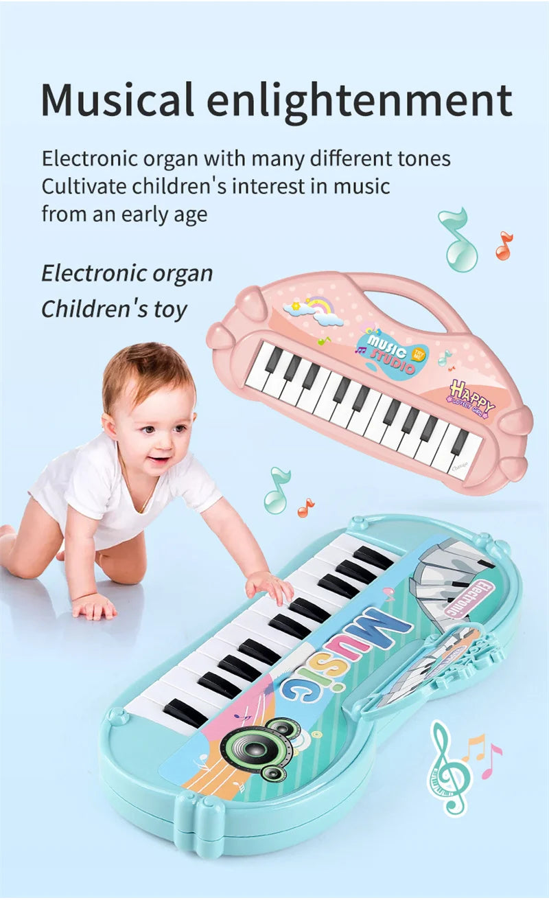 A pink electronic organ toy piano with a microphone and a light blue keyboard is shown next to a baby.