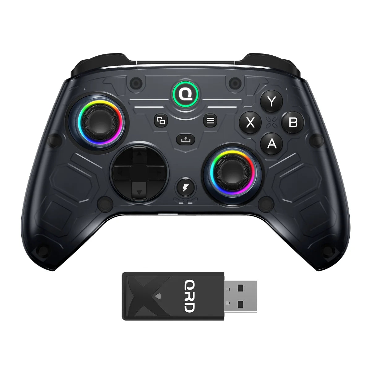 Schwarzer kabelloser Gaming-Controller mit anpassbaren Tasten und Analogsticks vor weißem Hintergrund.