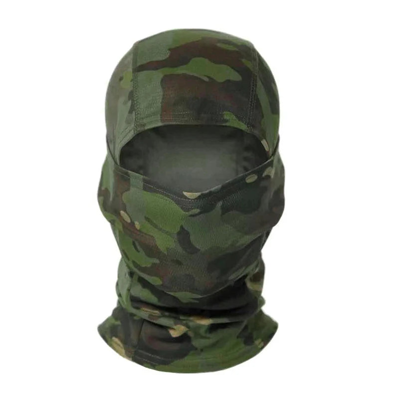 A camouflage green balaclava cap worn on a head.