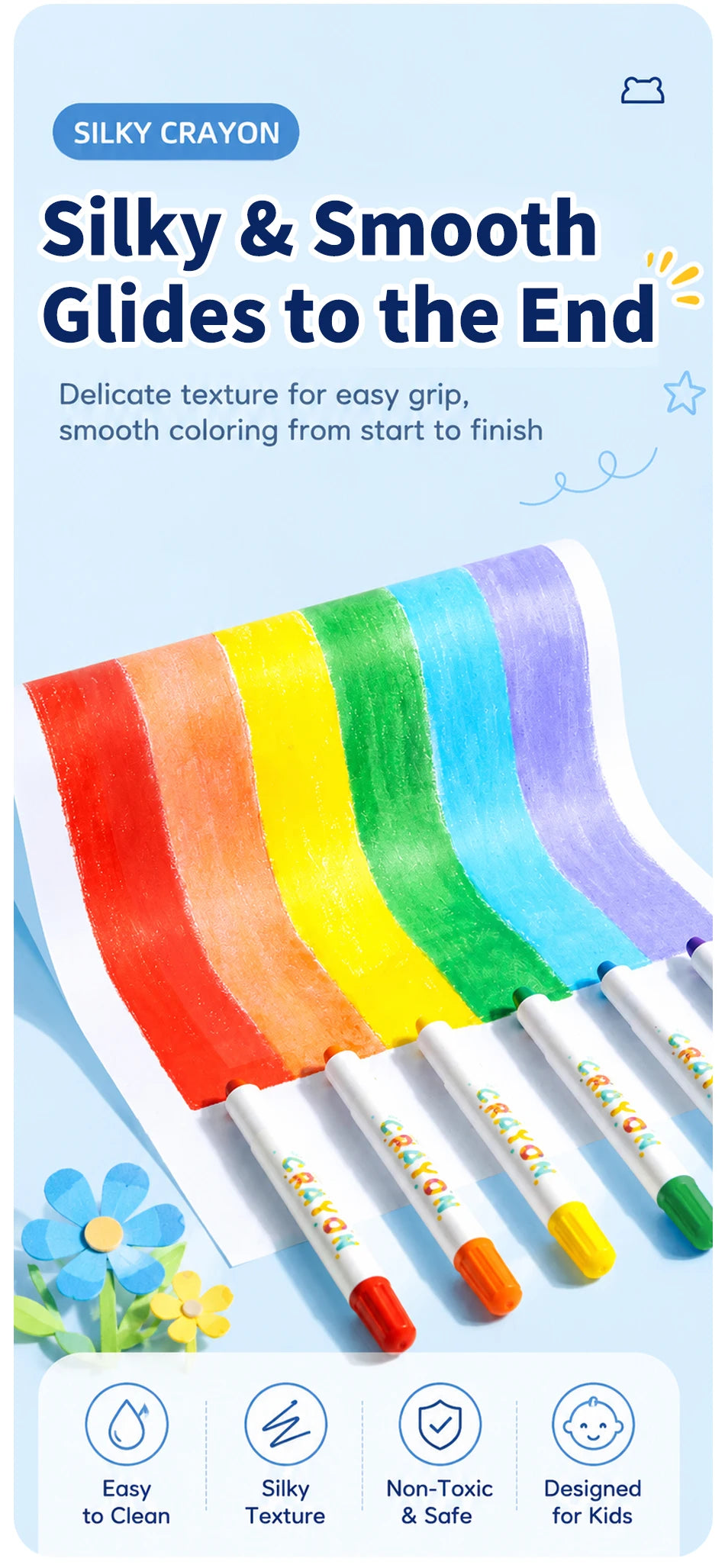 A set of silky and smooth twist-up crayons in 12 colors, showing the texture and packaging for easy coloring.