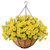 Artificial hanging morning glory flowers in yellow clustered in a woven basket