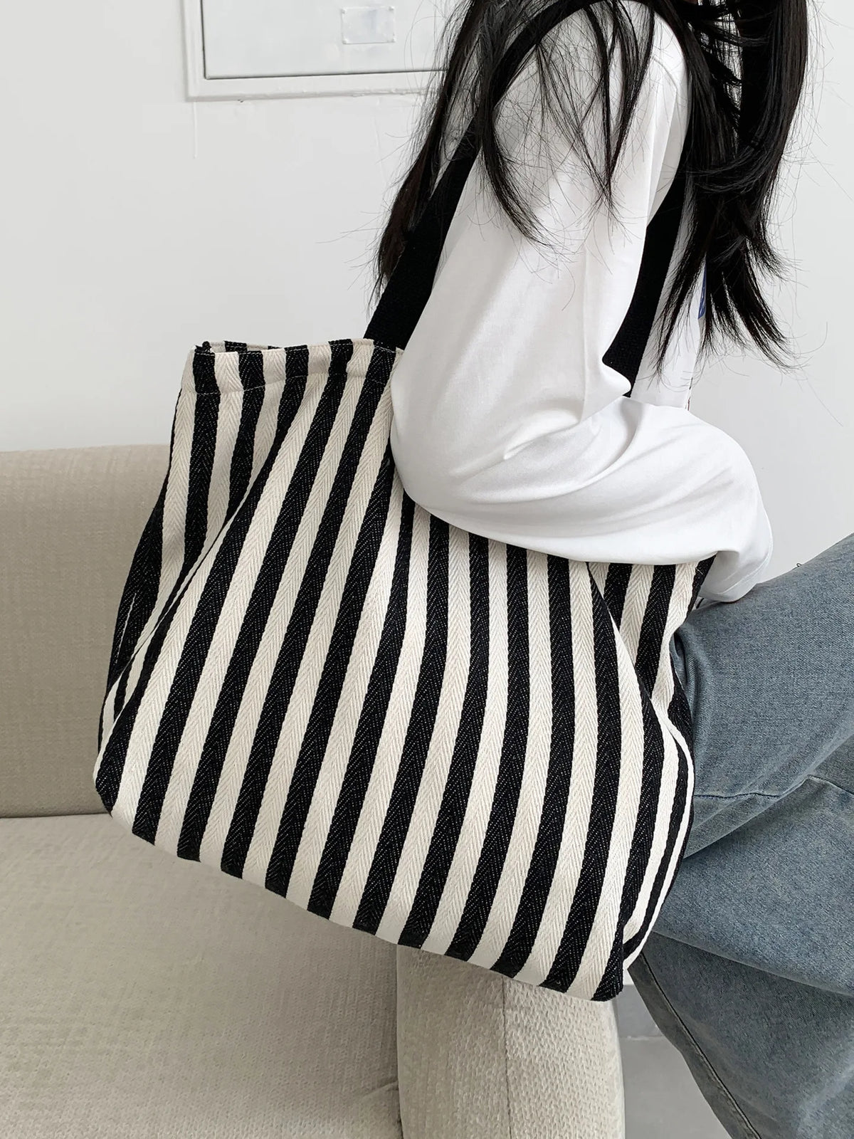 Striped Canvas Shoulder Tote Bag
