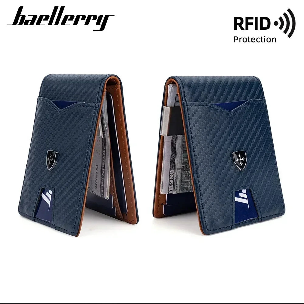 A dark blue slim wallet made of carbon fiber material with RFID protection features shown in an open view.