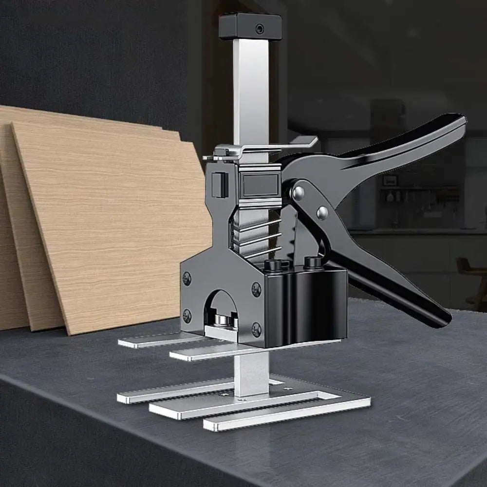 A silver adjustable tile leveling lifter tool is shown on a dark surface.