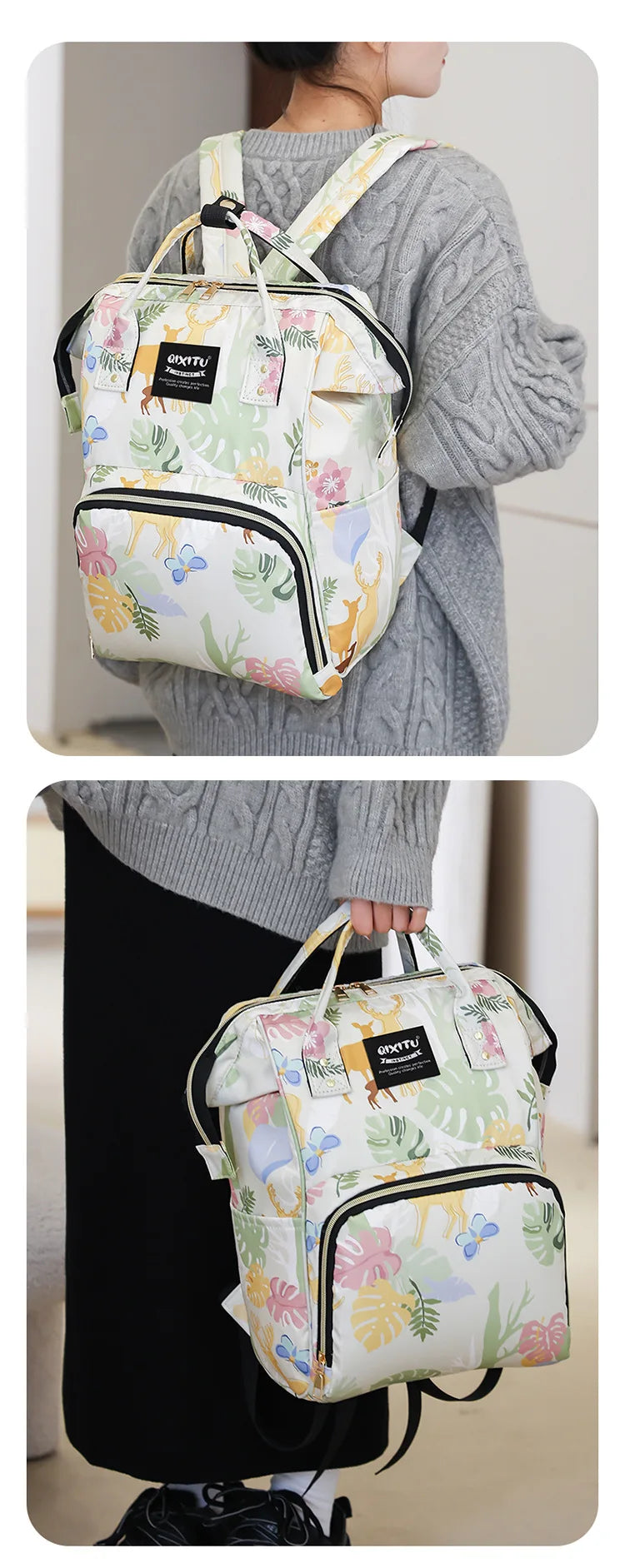 A woman is wearing a light green and white waterproof diaper bag backpack with floral patterns and stroller straps.
