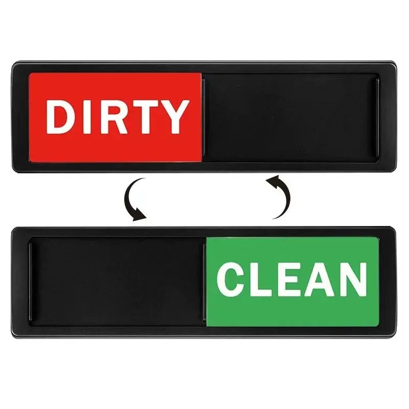 A black magnetic sign with a red dirty panel and a green clean panel.