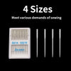 A set of four sizes of stainless steel sewing machine needles for various demands of sewing, including 90/14, 100/16, and jea