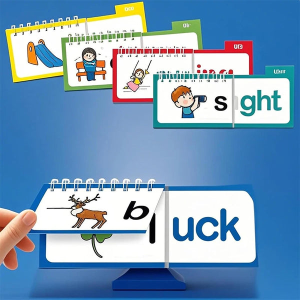 A hand holds an interactive reading flip book showing the word luck with various colorful cards.
