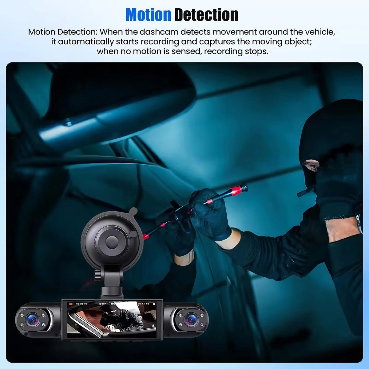 A dashcam is mounted inside a car, recording motion detection with night vision capabilities.