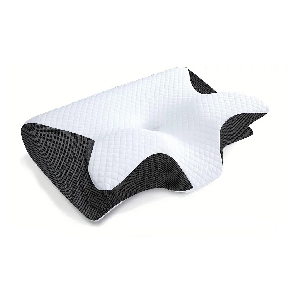 A white ergonomic memory foam cervical pillow with black accents.