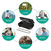 A portable safe lock box with a black lid and steel cable is shown surrounded by icons representing various activities.