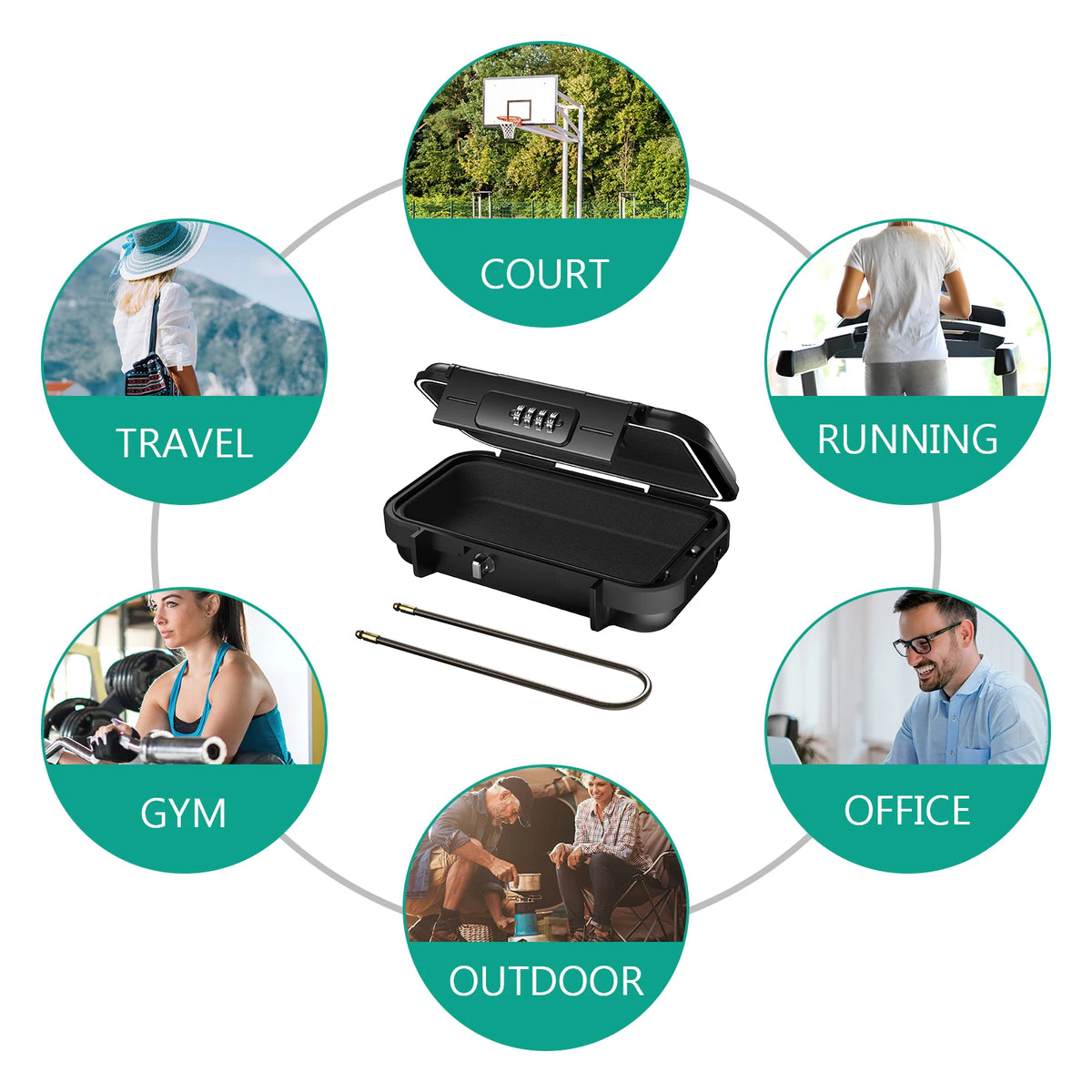 A portable safe lock box with a black lid and steel cable is shown surrounded by icons representing various activities.