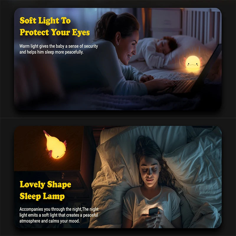 A woman is using a soft light night lamp to help a baby sleep peacefully.