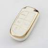 A white and gold durable TPU car key case cover with four labeled buttons.