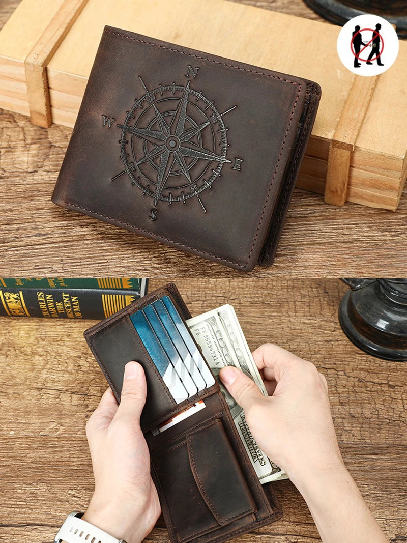 Men's Leather Wallet with Compass Pattern and RFID Protection