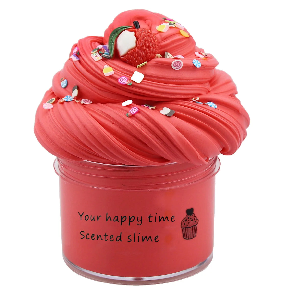 A jar of bright red scented slime topped with fruit pieces and colorful sprinkles.